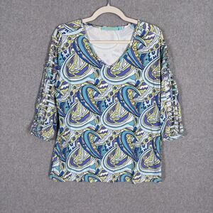 Anthonys Resort Wear Top Small Blue Green Cage Sleeve Artsy Abstract Psychedelic